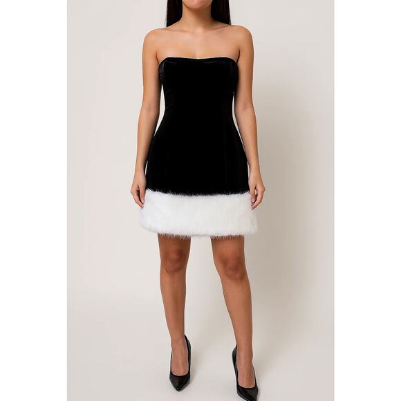 JC PENNY Black Velvet Strapless Mini Dress White Faux Fur Hem Size 5 NWT - Picture 1 of 5